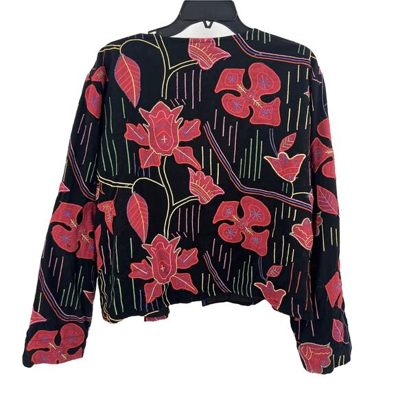 Chico's Jacket Women's 3 (XL/16) Black Red Floral Embroidery Art-To-Wear Blazer - Picture 2 of 7